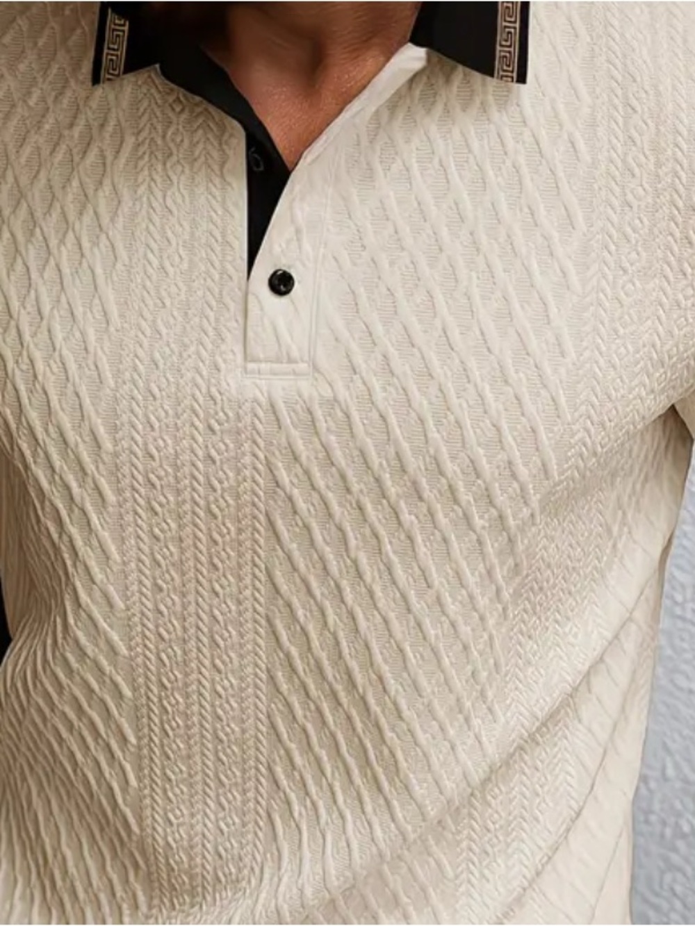 Men's Cream V-Neck Textured Knit Sweater with Contrast Collar